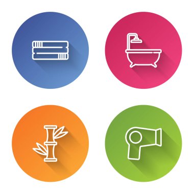 Havlu yığını, küvet, bambu ve saç kurutma makinesi. Renkli daire düğmesi. Vektör.