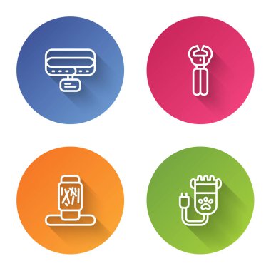 Yaka kartlı tasma, tırnak makası, kedi tırmalama tahtası ve evcil hayvan. Renkli daire düğmesi. Vektör.