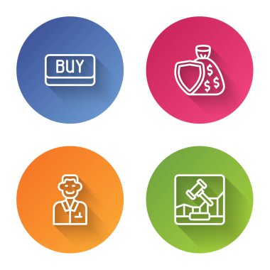 Satın alma düğmesi, Kalkan ve para çantası, Tüccar ve Online internet açık artırması. Renkli daire düğmesi. Vektör.