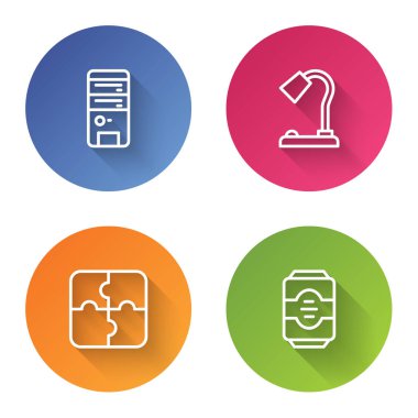 Bilgisayar, masa lambası, bulmaca ve enerji içeceği. Renkli daire düğmesi. Vektör.