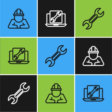 Satır İnşa, İngiliz anahtarı ve Laptop servis simgesini ayarla. Vektör.