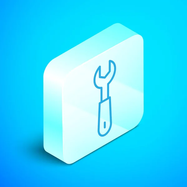 Ισομετρική Γραμμή Εικονίδιο Κλειδιού Κλειδιού Απομονωμένο Μπλε Φόντο Ασημένιο Τετράγωνο — Διανυσματικό Αρχείο