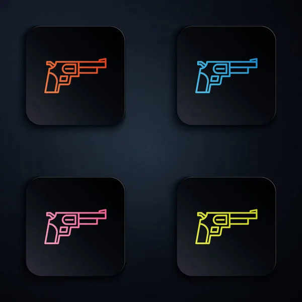 Linea Neon Colori Icona Pistola Revolver Isolata Sfondo Nero Impostare — Vettoriale Stock