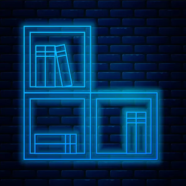 发光的霓虹灯线架与图书图标隔离在砖墙的背景 炮弹的标志 — 图库矢量图片