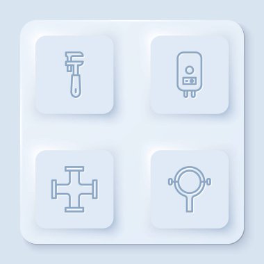 Hat ayarlanabilir boru anahtarı, elektrikli kazan, endüstriyel metalik boru ve filtre. Beyaz kare düğme. Vektör.