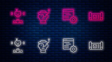 Hat Akıllı Gözlükler, Bilgisayar Ağı Arayüzü, Parçalanmış Robot ve Robot Projesi. Tuğla duvarda parlayan neon simgesi. Vektör.