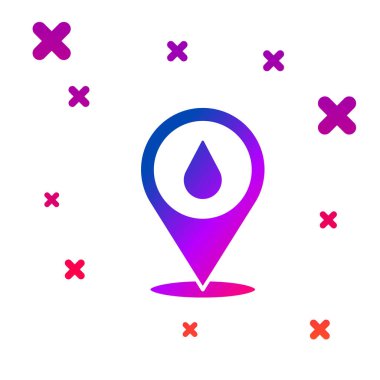 Beyaz arkaplanda konum simgesi izole edilmiş renkli su damlası. Kademeli rastgele dinamik şekiller. Vektör.