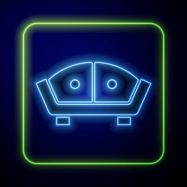 Parlayan neon kanepe simgesi mavi arkaplanda izole edildi. Vektör.