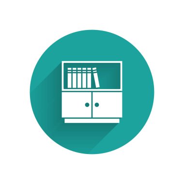 Beyaz Kütüphane kitaplığı simgesi uzun gölgeli izole edilmiş. Yeşil daire düğmesi. Vektör.