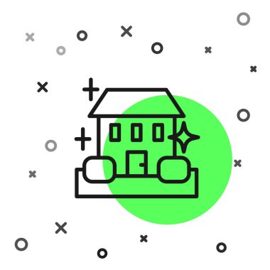 Siyah çizgi ev temizlik hizmeti konsepti simgesi beyaz arkaplanda izole edildi. Bina ve ev. Vektör.