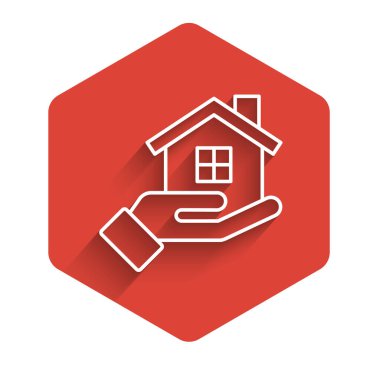 Beyaz Saray 'ın elinde uzun gölgeli bir sembol var. Sigorta konsepti. Güvenlik, güvenlik, koruma, konsept koruma. Kırmızı altıgen düğmesi. Vektör.