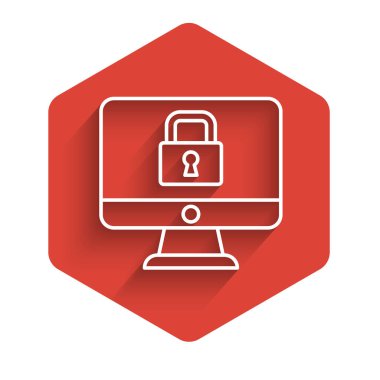 Bilgisayar ekranındaki beyaz çizgi kilidi uzun gölgeyle izole edilmiş ekran simgesi. Güvenlik, güvenlik, koruma kavramı. Güvenli bir ağ. Kırmızı altıgen düğmesi. Vektör.