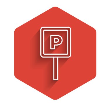 Beyaz çizgi park simgesi uzun gölgeyle izole edildi. Sokak tabelası. Kırmızı altıgen düğmesi. Vektör.