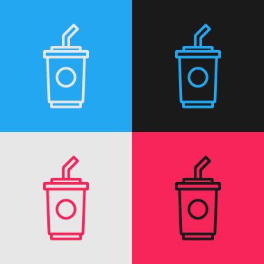 Saman ve renkli arka planda izole edilmiş su ikonu içen kağıt bardak. Soda bardağı. Taze soğuk içecek sembolü. Vektör.