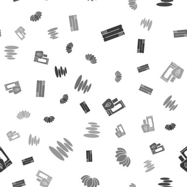 Havlu destesi, nilüfer çiçeği, merhem kremi tüpü ve sıcak taşları pürüzsüz desenlere ayarlayın. Vektör.