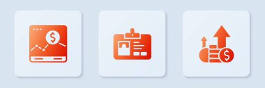 Kimlik kartı, büyüme grafiği, mali ve madeni parası olan bir web sitesi ayarla. Beyaz kare düğme. Vektör.