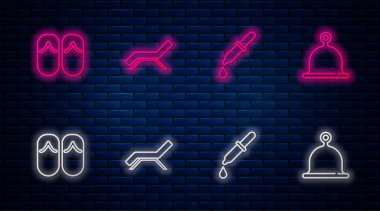 Sunbed ve şemsiye, Pipette, Flip flops ve Sauna şapkası. Tuğla duvarda parlayan neon simgesi. Vektör.