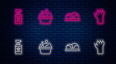 Hayvan banyosu, yatak, şampuan ve pençe izi. Tuğla duvarda parlayan neon simgesi. Vektör.