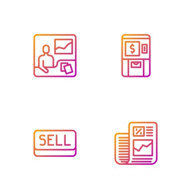 Şirket finans raporları, satış düğmeleri, ticaret kursları, ATM ve para. Renk simgeleri. Vektör.