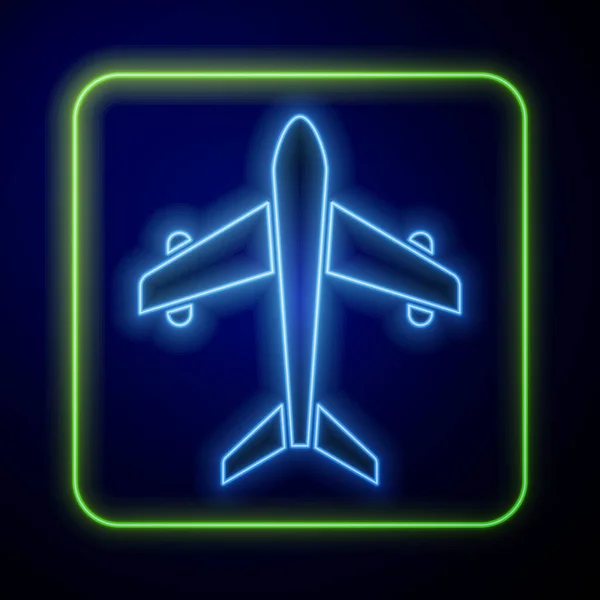 Ícone Plano Néon Brilhante Isolado Fundo Azul Avião Voador Seguro — Vetor de Stock