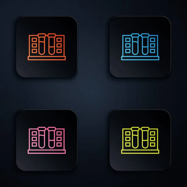 Kleur Neon Lijn Testbuis Met Waterdruppel Pictogram Geïsoleerd Zwarte Achtergrond — Stockvector
