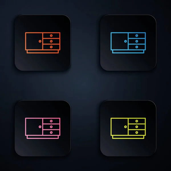 Color Neon Line Chest Drawers Icon Isolated Black Background Set — Stock Vector