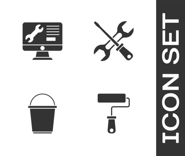 Set Verfroller Borstel Computer Monitor Service Emmer Schroevendraaier Moersleutel Pictogram — Stockvector