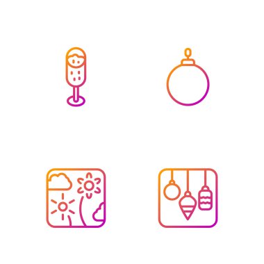 Noel ışıkları, havai fişek roketi, bir bardak şampanya ve top. Renk simgeleri. Vektör.