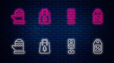 Noel alışveriş çantası, müzik seti hoparlörü, eldiven ve indirimli fiyat etiketi. Tuğla duvarda parlayan neon simgesi. Vektör.