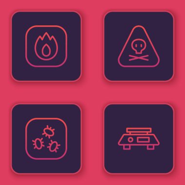 Ateş hattını, bakterileri, üçgen uyarı toksinlerini ve elektronik terazileri ayarlayın. Mavi kare düğme. Vektör.