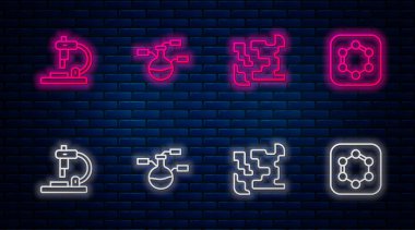 Tüpü ve tüpü, gazı, mikroskobu ve benzen halkalarının formülünü ayarla. Tuğla duvarda parlayan neon simgesi. Vektör.