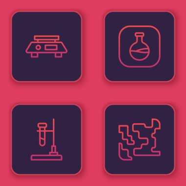 Elektronik ölçekler, deney tüpü ateşi ve gaz ayarlayın. Mavi kare düğme. Vektör.