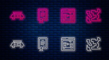 Sertifika şablonu, Kimyasal şablonu çevrimiçi, Elektronik ölçekler ve Gaz. Tuğla duvarda parlayan neon simgesi. Vektör.