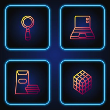 Çizgiyi Rubik küp, Burger, büyüteç ve dizüstü bilgisayara ayarla. Renk simgeleri. Vektör.