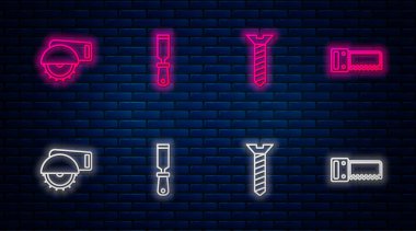 Hattı ayarla Rasp metal dosya, metal vida, elektrikli daire testere ve el. Tuğla duvarda parlayan neon simgesi. Vektör.