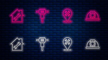 İnşaat matkabı, İngiliz anahtarı, ev tamiri ve işçi kaskı olan bir yer ayarla. Tuğla duvarda parlayan neon simgesi. Vektör.