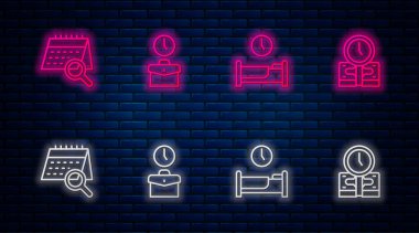 Sıra çalışma zamanı, uyku zamanı, takvim araması ve para. Tuğla duvarda parlayan neon simgesi. Vektör.