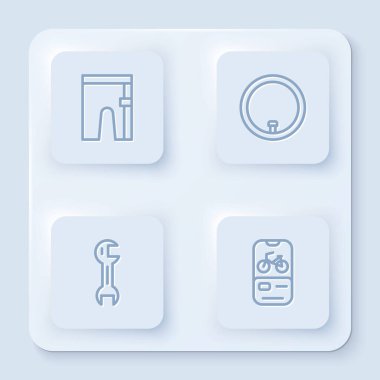 Hat bisiklet şortu, bisiklet tekerleği, İngiliz anahtarı ve kiralık mobil uygulamayı ayarla. Beyaz kare düğme. Vektör.