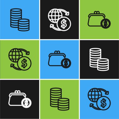 Dolar, cüzdan ve para bozdurma ikonu ile para akışını ayarlayın. Vektör.