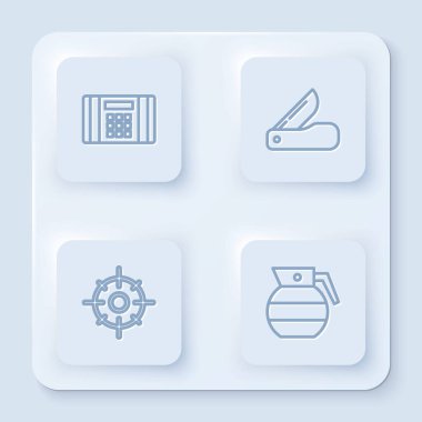 Dinamit hattı, İsviçre çakısı, hedef spor ve el bombası. Beyaz kare düğme. Vektör.