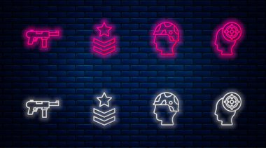 Askeri rütbe, ordu askeri, makineli tüfek M3 ve hedef sporu. Tuğla duvarda parlayan neon simgesi. Vektör.