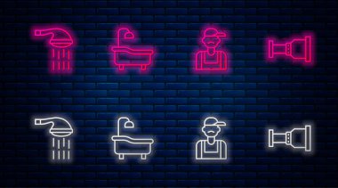 Küvet, Tesisatçı, Duş ve Boru Adaptörü hattını ayarlayın. Tuğla duvarda parlayan neon simgesi. Vektör.