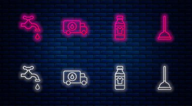 Hattı kurun, tesisat servisi arabası temizleme aracı, su musluğu ve lastik pompası için şişe. Tuğla duvarda parlayan neon simgesi. Vektör.