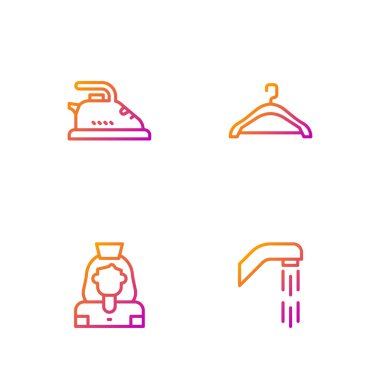 Duş başlığı, temizlikçi kadın servisi, elektrikli ütü ve elbise dolabı. Renk simgeleri. Vektör.