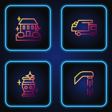 Duş başlığı, temiz vazo, temizlik servisi ve çöp kamyonu ayarlayın. Renk simgeleri. Vektör.