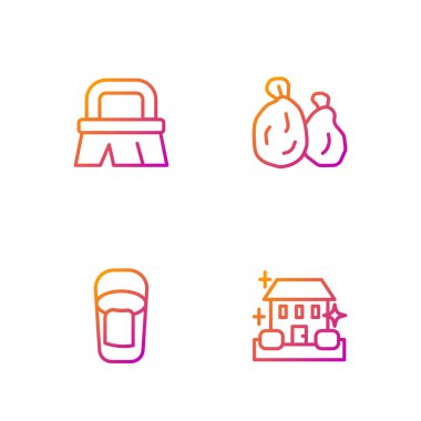 Hat ev temizlik servisi, paçavra dolu kova, çöp torbası. Renk simgeleri. Vektör.