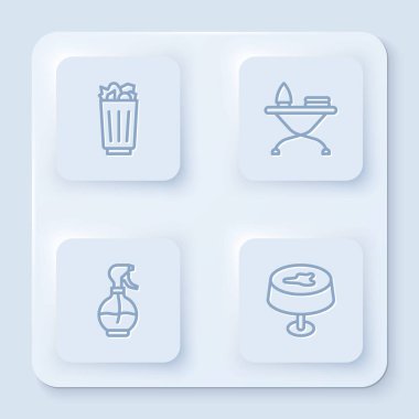 Çöp tenekesi, ütü masası, su püskürtme şişesi ve masa örtüsünü lekeleyin. Beyaz kare düğme. Vektör.