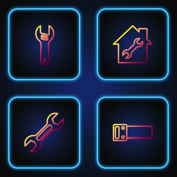Set Line Handsäge Schraubenschlüssel Einstellschlüssel Und Haus Reparieren Farbverlauf Symbole — Stockvektor