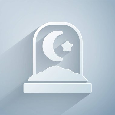 Kağıt kesiği, gri arka planda izole edilmiş Müslüman mezarlığı simgesi. İslami mezar taşı. Kağıt sanatı tarzı. Vektör