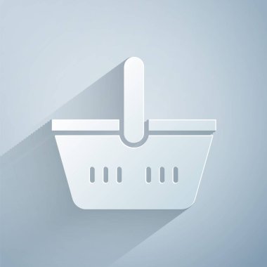 Kağıt kesiği sepet simgesi gri arkaplanda izole edilmiş. İnternetten satın alma konsepti. Servis tabelası. Alışveriş arabası sembolü. Kağıt sanatı tarzı. Vektör